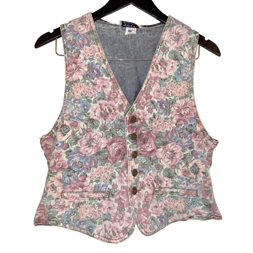 Vintage 90's Zena Floral Tapestry Denim Vest Cottagecore Made in USA Size Medium